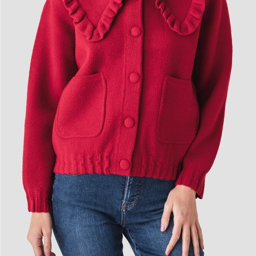 Red V-Neck Sweater with Ruffle Detail